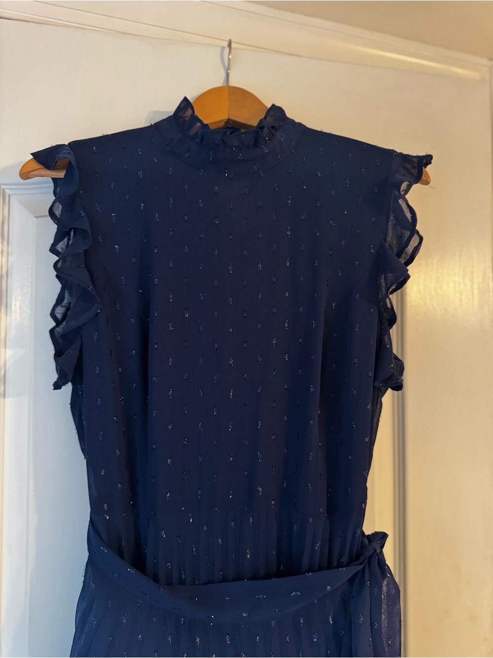 Navy Clip Dot Ruffle Tie-Waist Dress
